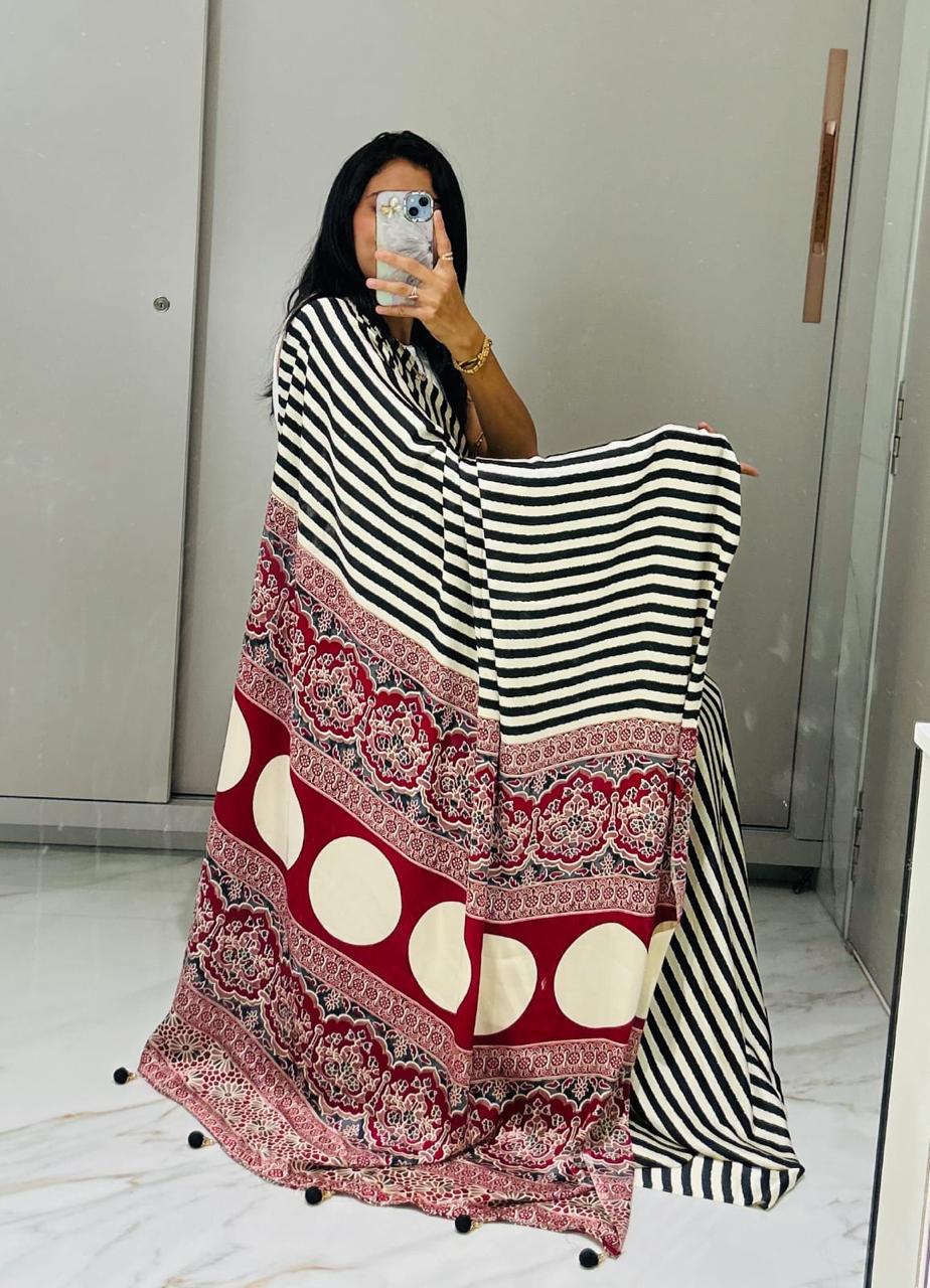 Kayatri New Designer Pure Crape Satin Ajrakh Printed Saree