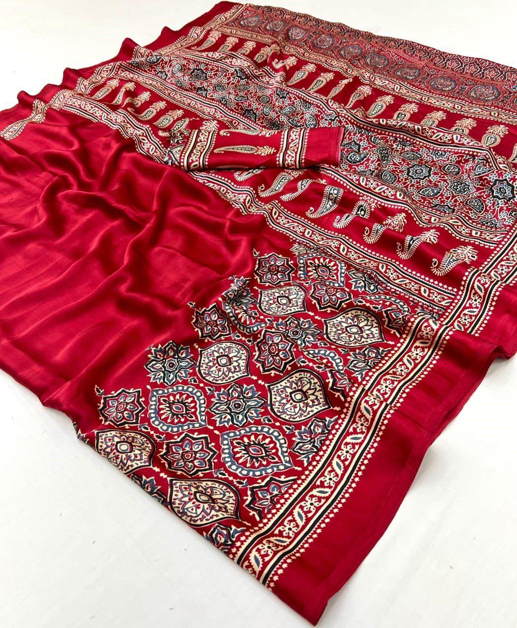 Kayatri New Designer Pure Crape Satin Ajrakh Printed Saree