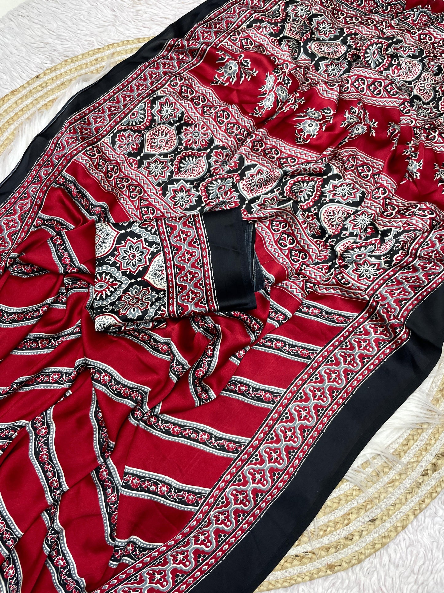Kayatri New Designer Pure Crape Satin Ajrakh Printed Saree