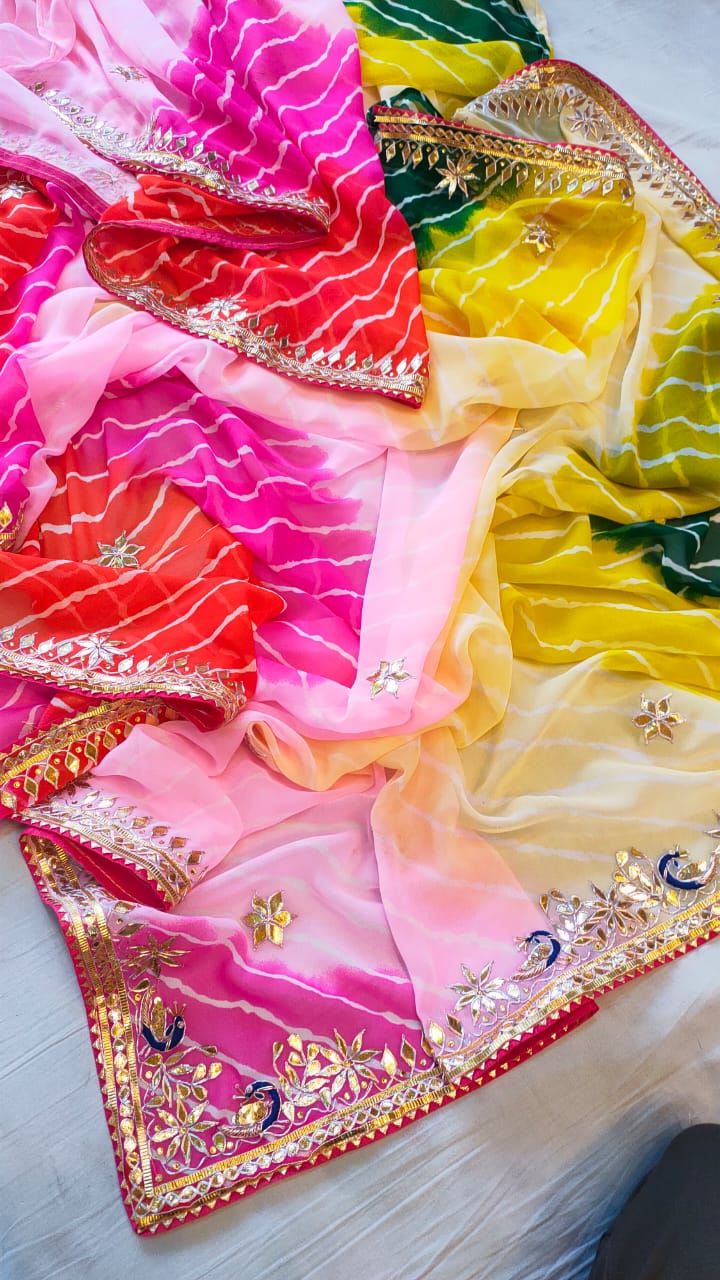 Kayatri New Leheriya Style Hand Gota Peacock Saree