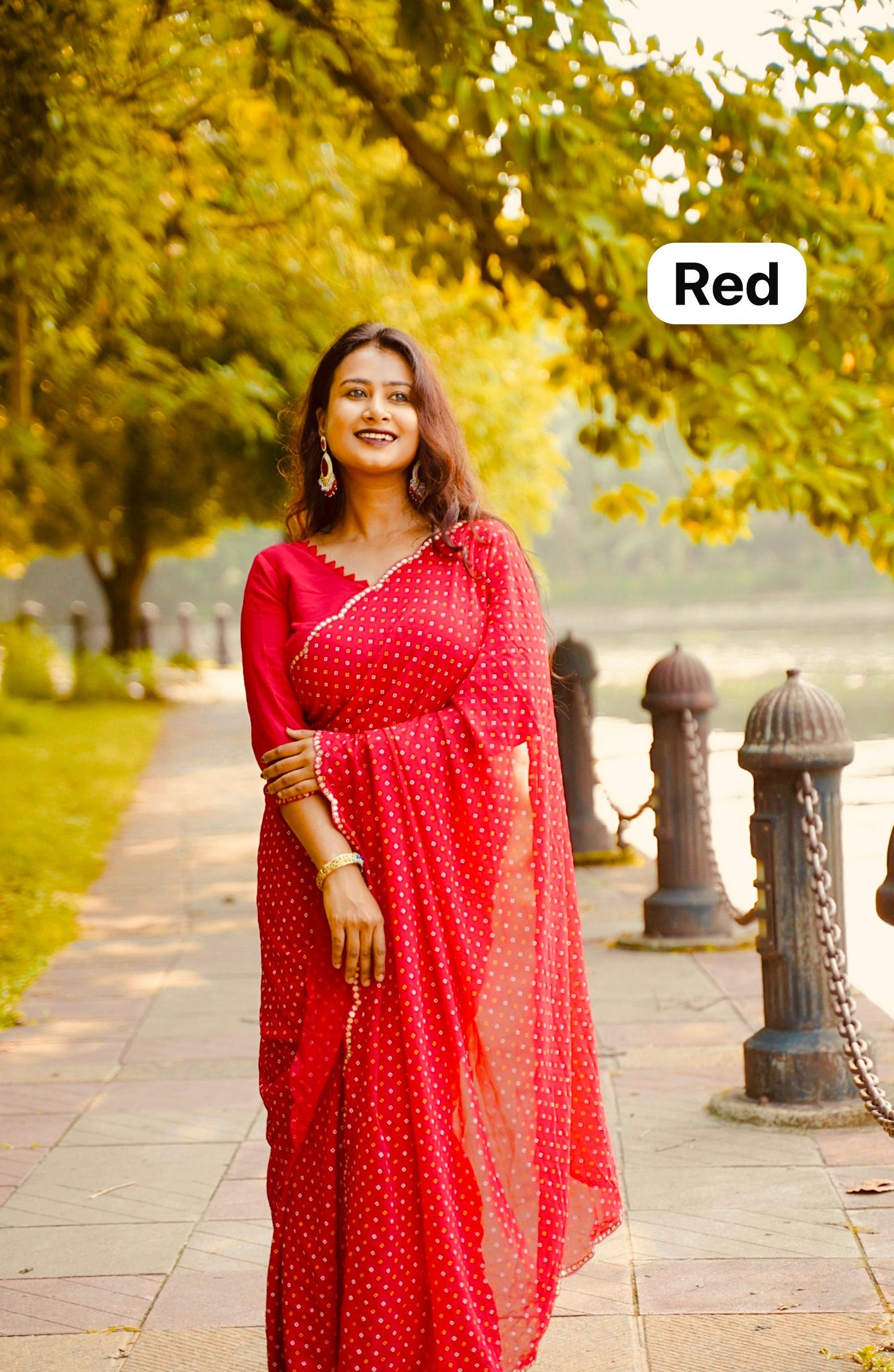 Kayatri New Viscose Georgette Block Print Bandhej Saree