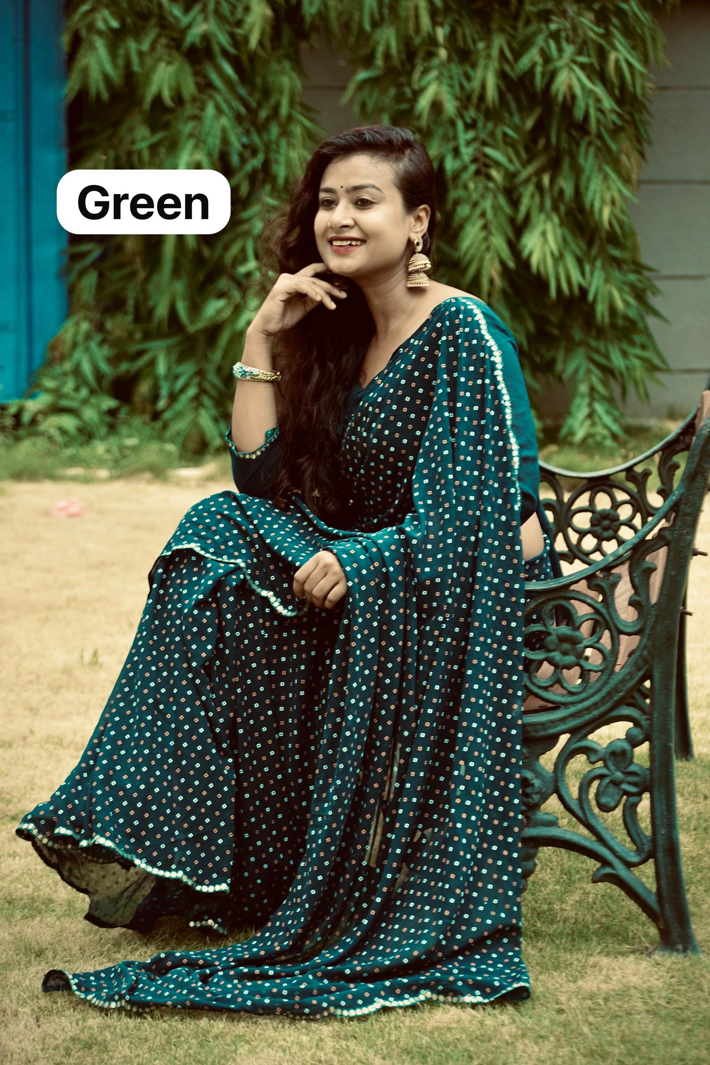 Kayatri New Viscose Georgette Block Print Bandhej Saree