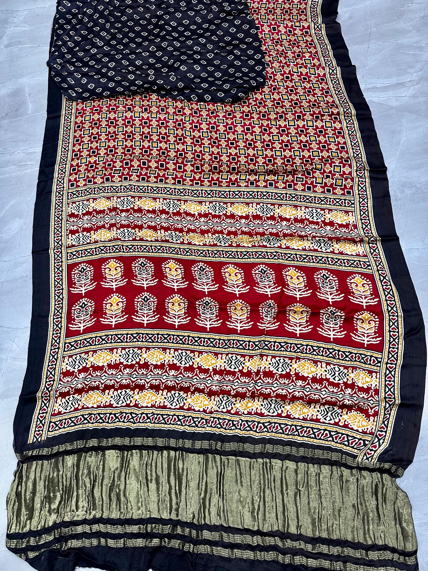 Kayatri New Pure Gaji Silk Ajrakh With Lagadi Pallu Saree