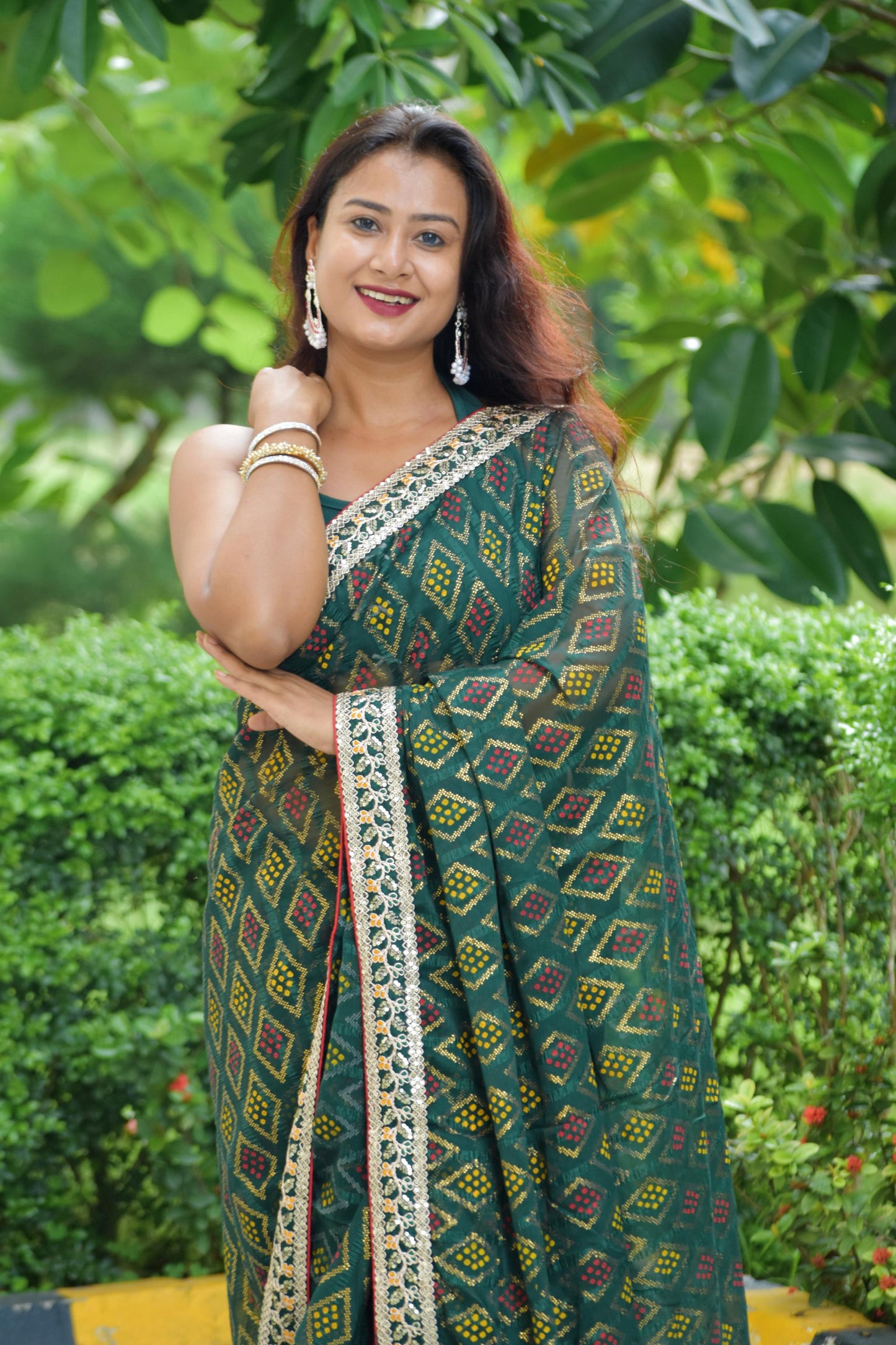 Kayatri New Elegant Bandhej Chex Cotton Silk Saree with Stylish Border & Pallu