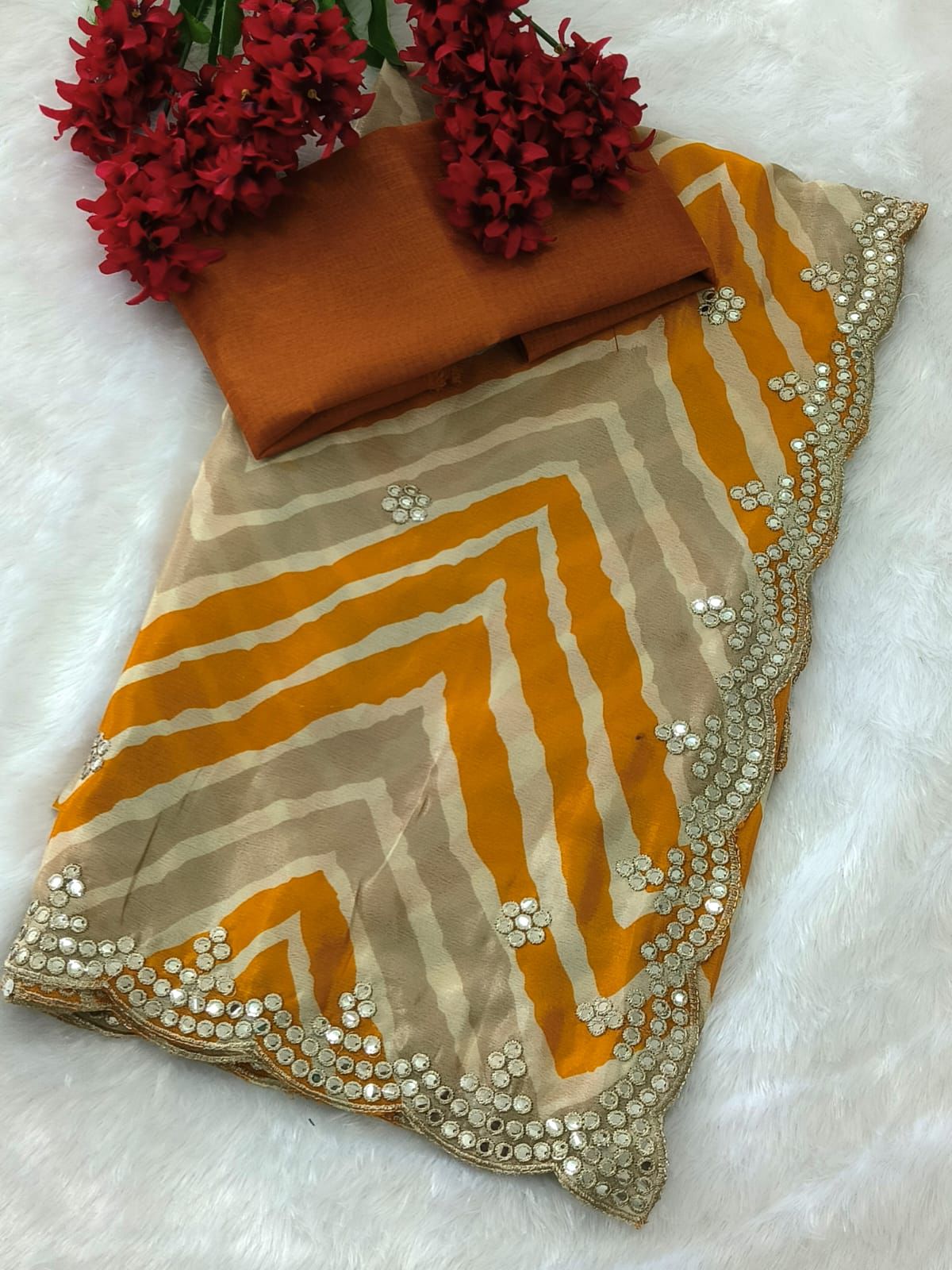 Kayatri New Chinon Fabric Designer Thread Work With Cut Work Saare