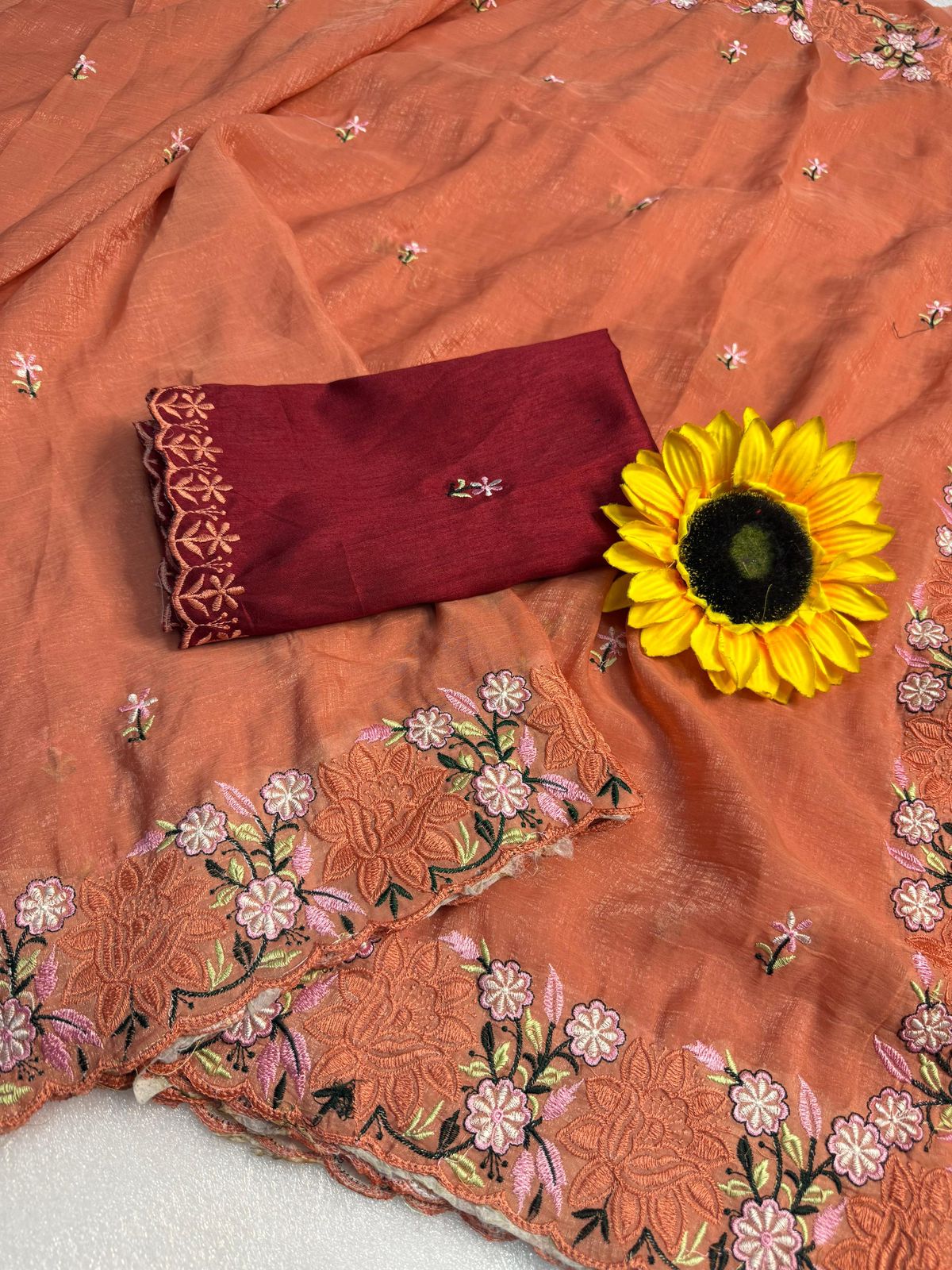 Kayatri New Crunchy Ciffon Saree With Elegant Scalap Embroidery Work