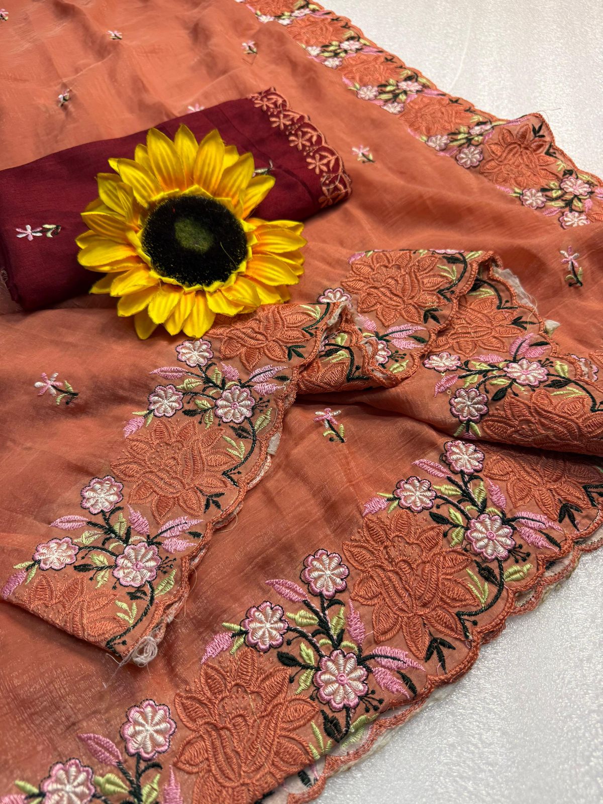 Kayatri New Crunchy Ciffon Saree With Elegant Scalap Embroidery Work
