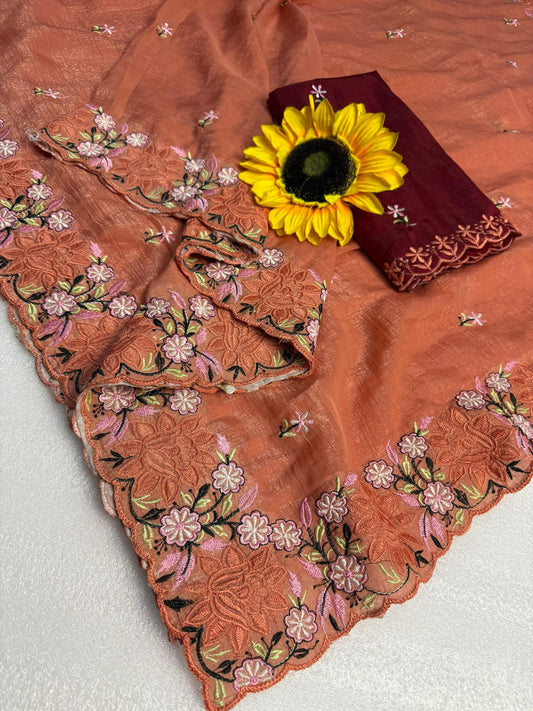 Kayatri New Crunchy Ciffon Saree With Elegant Scalap Embroidery Work