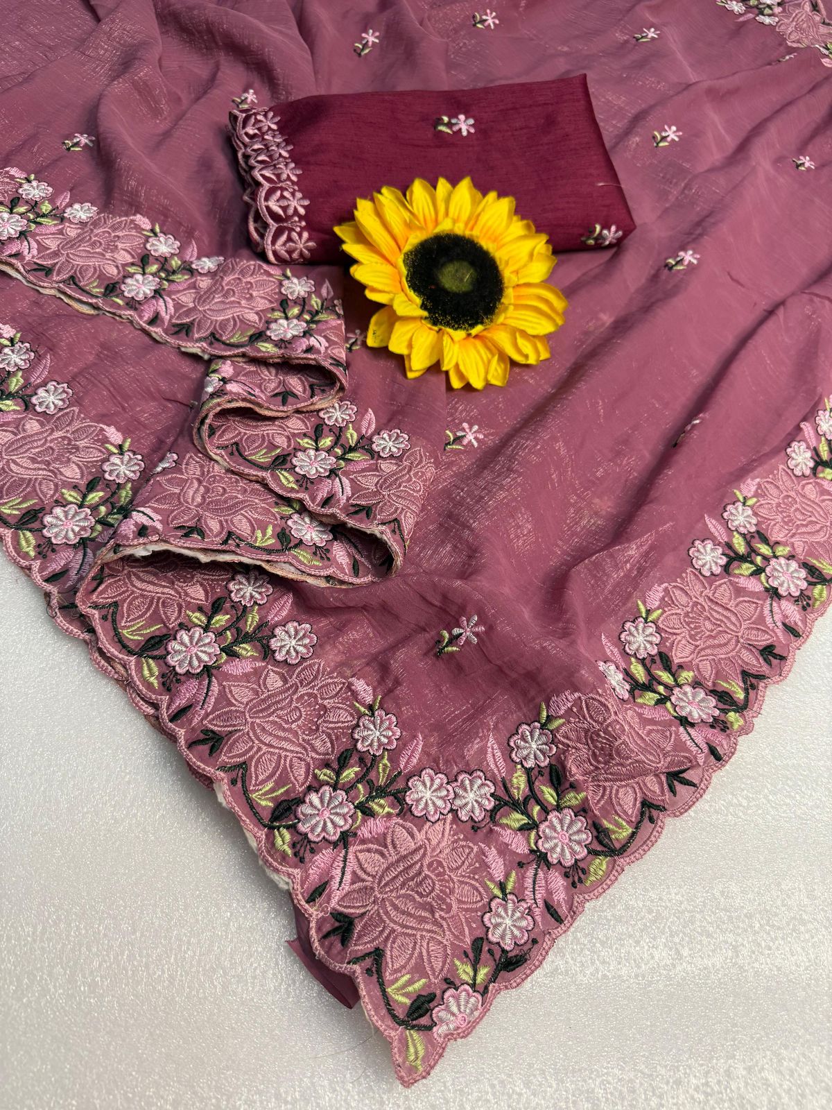 Kayatri New Crunchy Ciffon Saree With Elegant Scalap Embroidery Work