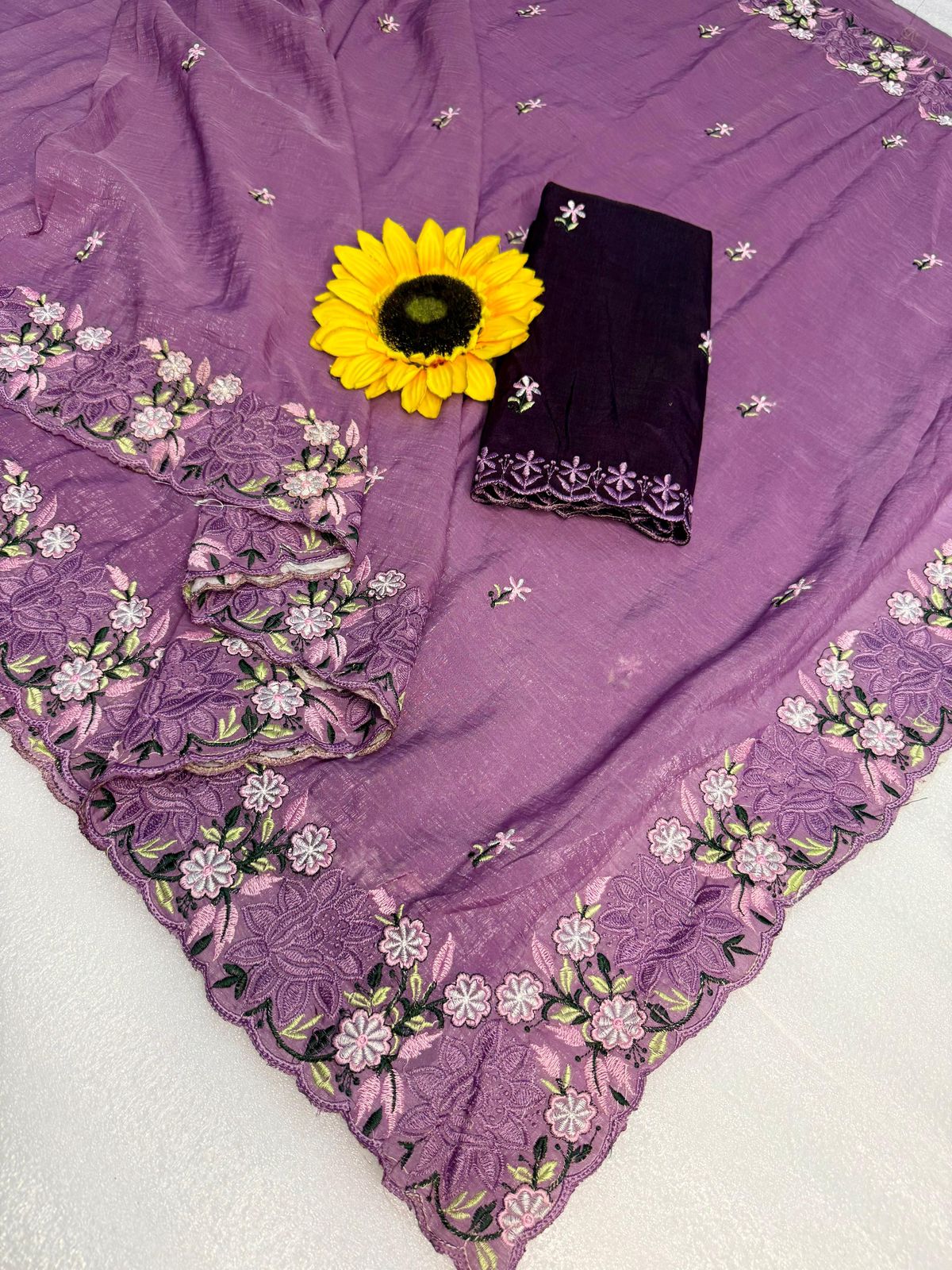 Kayatri New Crunchy Ciffon Saree With Elegant Scalap Embroidery Work