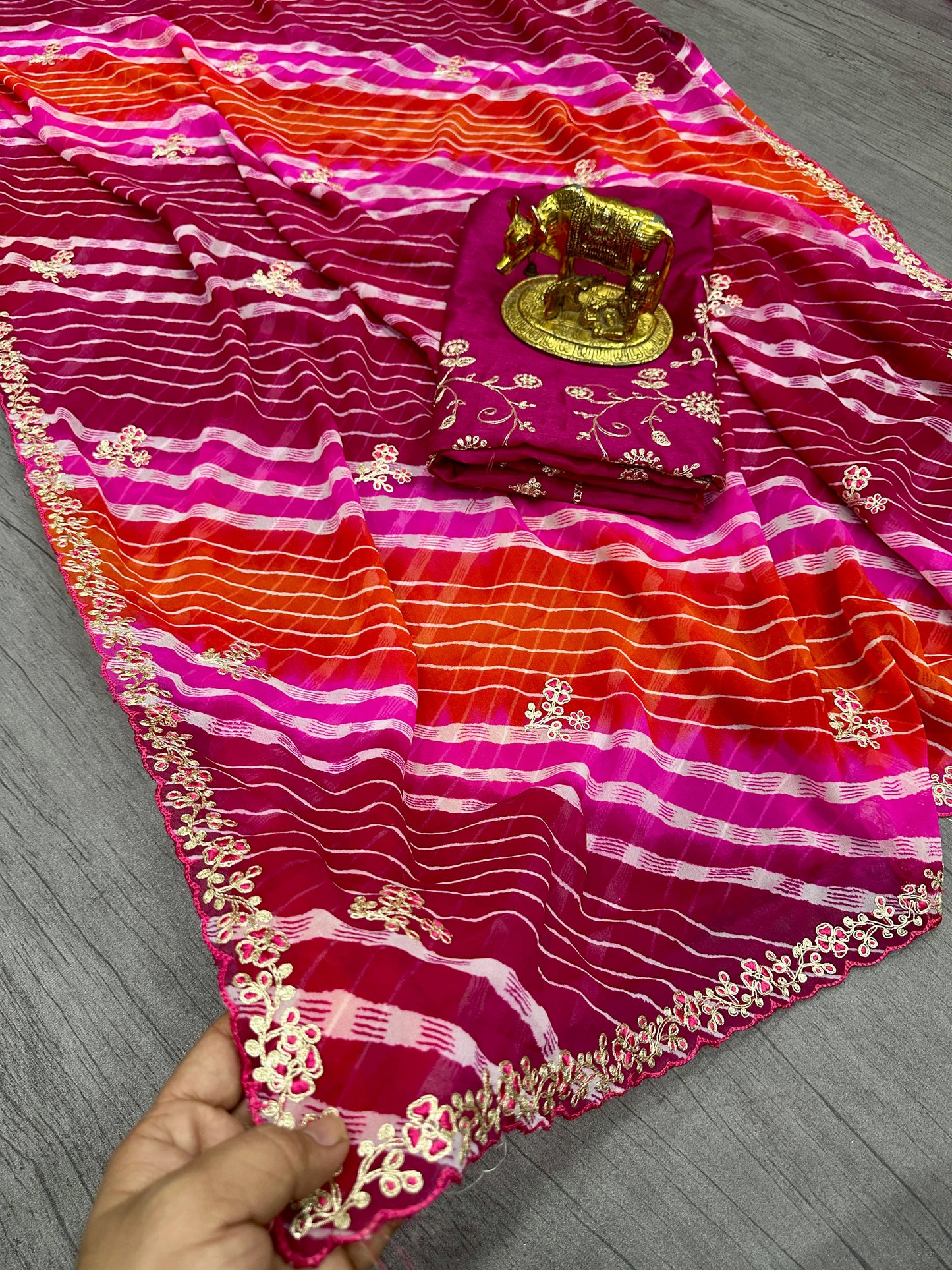 Kayatri New Pure Georgette with Jodhpur Lehariya  Print Saree with Beautiful Pita Work