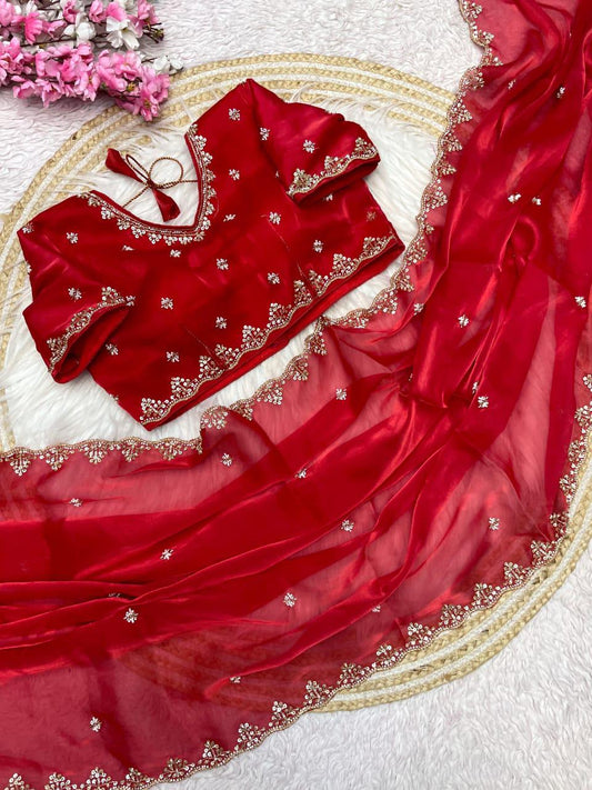Kayatri New  Zimmy Choo Sattan Saree With Beautiful C - pallu Brits Work