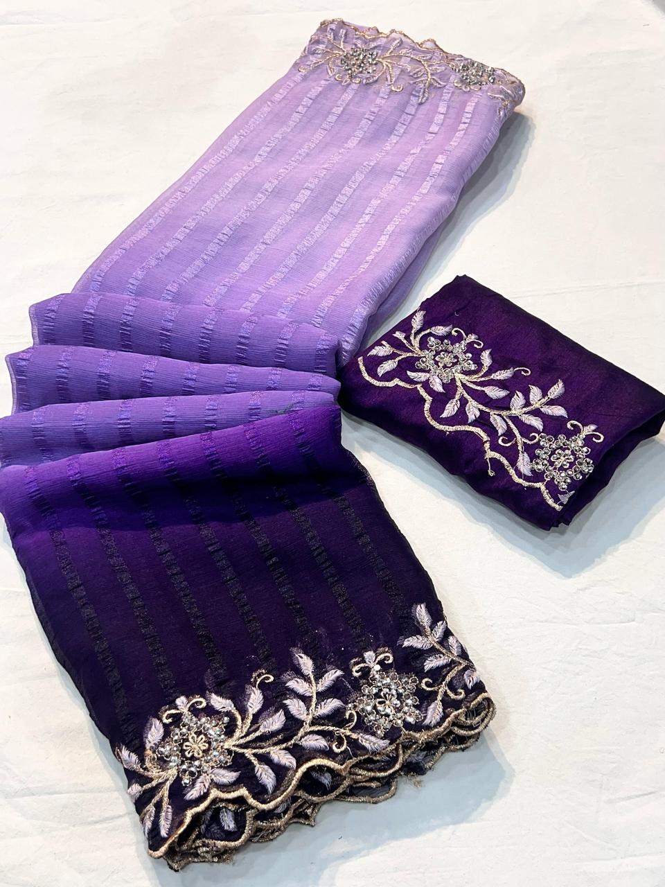 Kayatri New Beautiful shimmer Georgette 3D shaded sarees with pretty embroidery