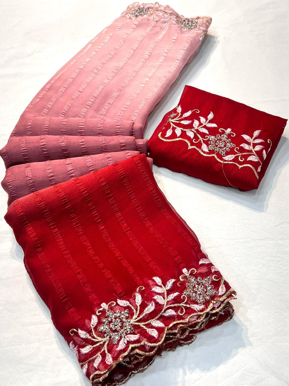 Kayatri New Beautiful shimmer Georgette 3D shaded sarees with pretty embroidery
