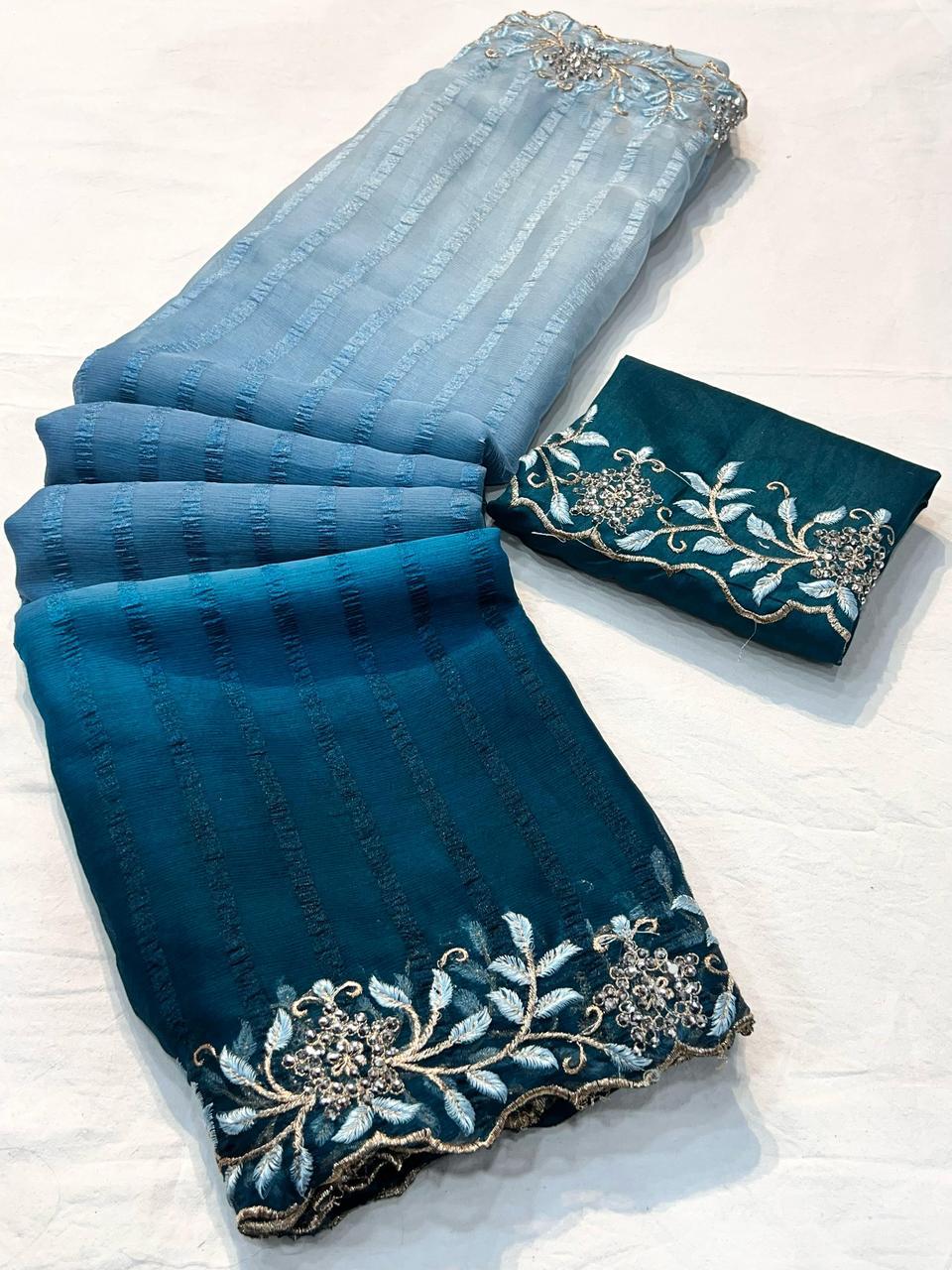 Kayatri New Beautiful shimmer Georgette 3D shaded sarees with pretty embroidery