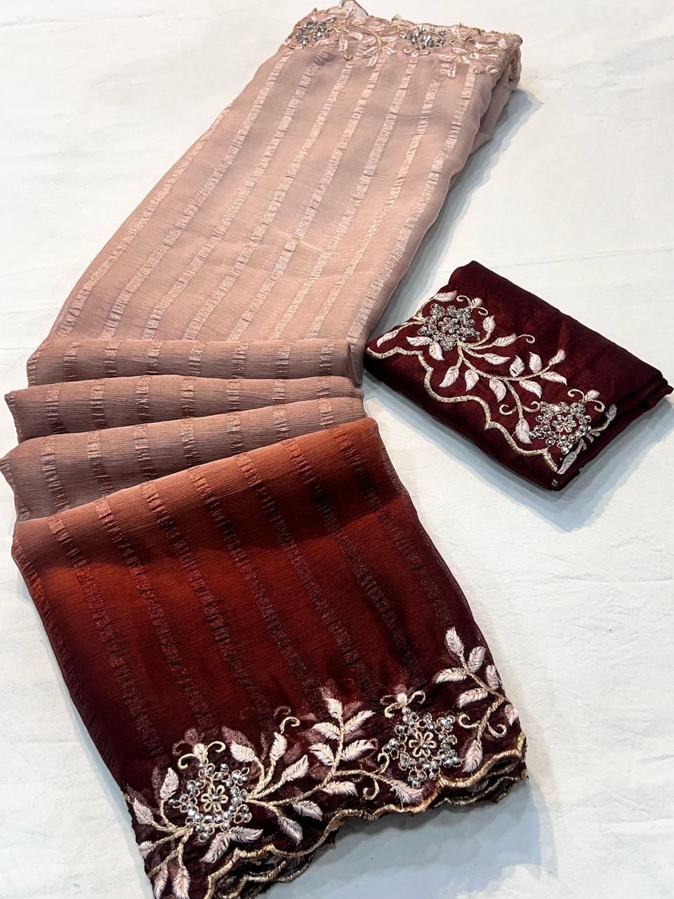 Kayatri New Beautiful shimmer Georgette 3D shaded sarees with pretty embroidery