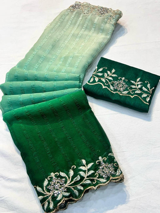 Kayatri New Beautiful shimmer Georgette 3D shaded sarees with pretty embroidery