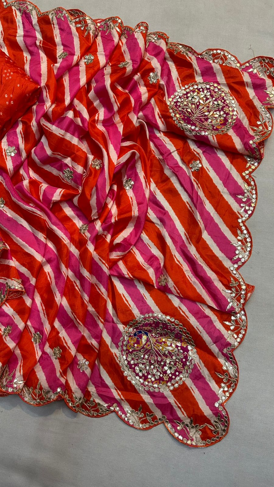Kayatri New Tussar silk lehriya saree with beautiful hand gotta patti peacock Saree