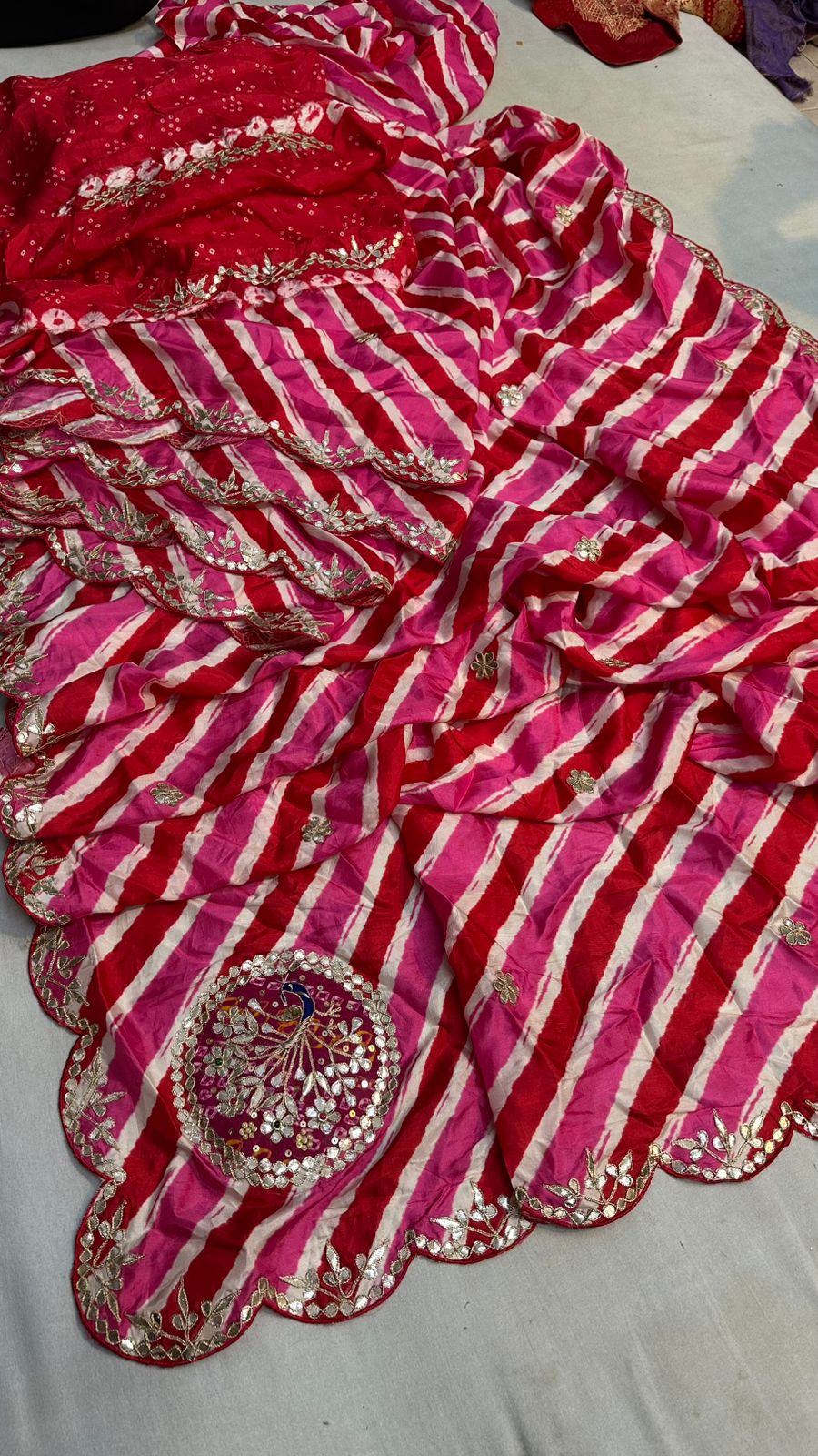 Kayatri New Tussar silk lehriya saree with beautiful hand gotta patti peacock Saree