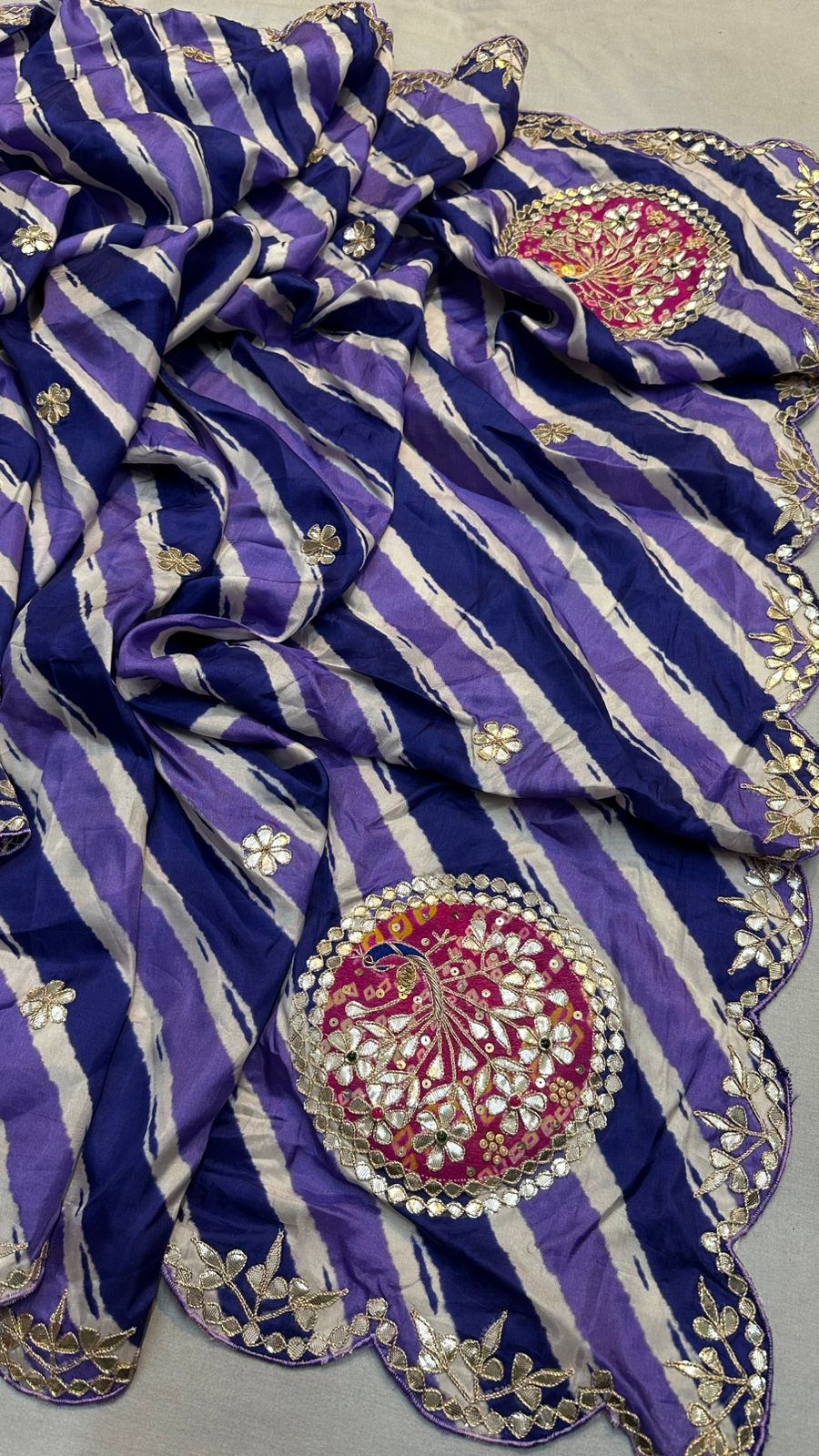 Kayatri New Tussar silk lehriya saree with beautiful hand gotta patti peacock Saree