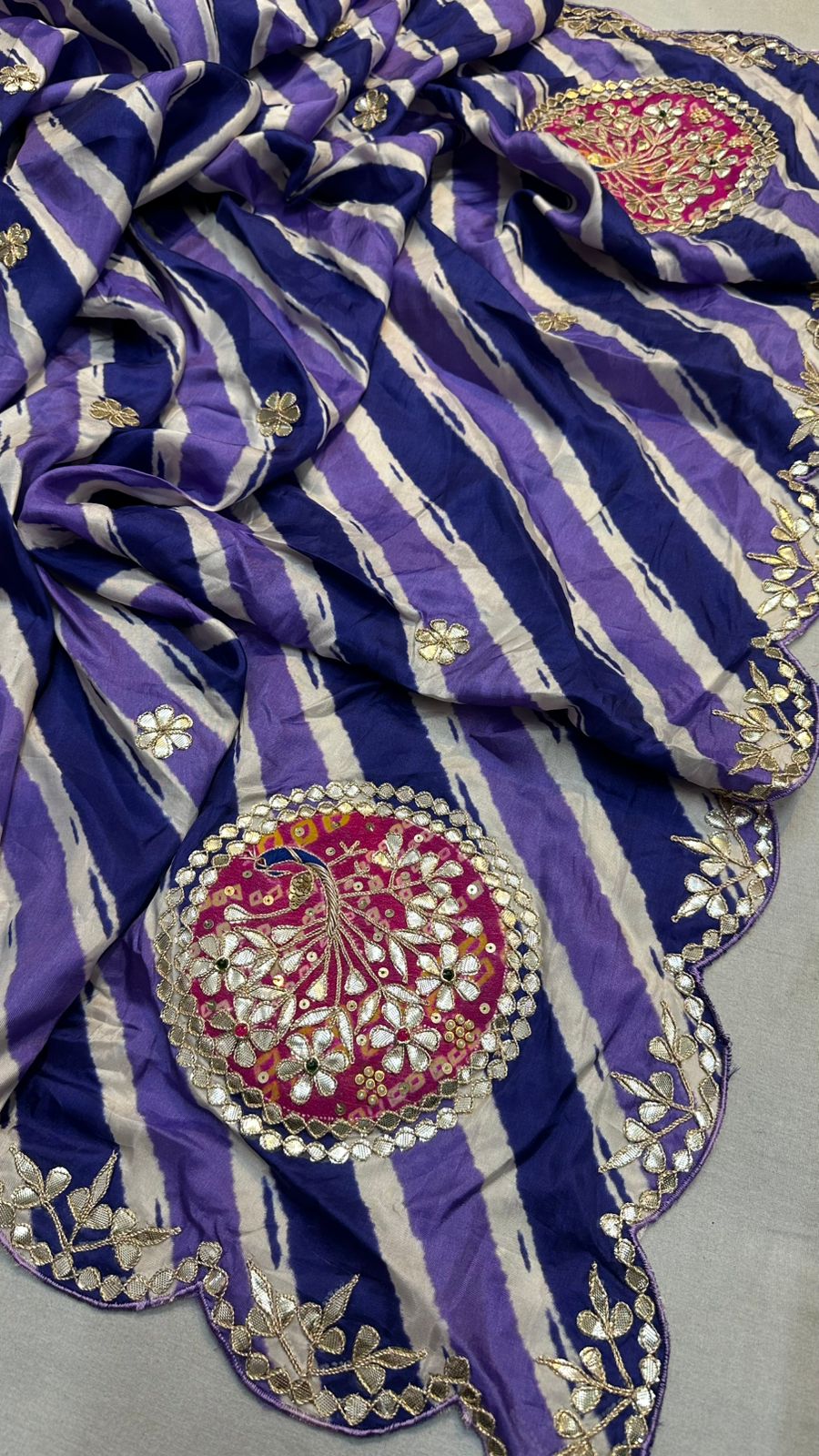 Kayatri New Tussar silk lehriya saree with beautiful hand gotta patti peacock Saree