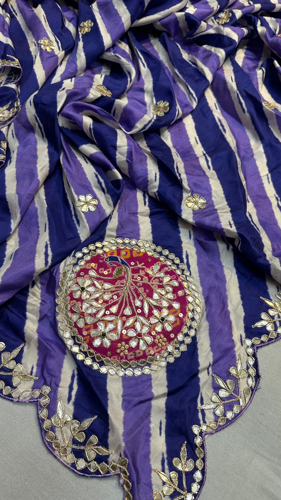 Kayatri New Tussar silk lehriya saree with beautiful hand gotta patti peacock Saree
