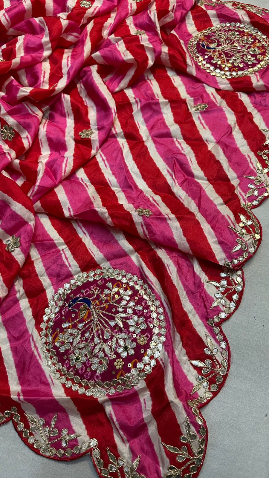 Kayatri New Tussar silk lehriya saree with beautiful hand gotta patti peacock Saree