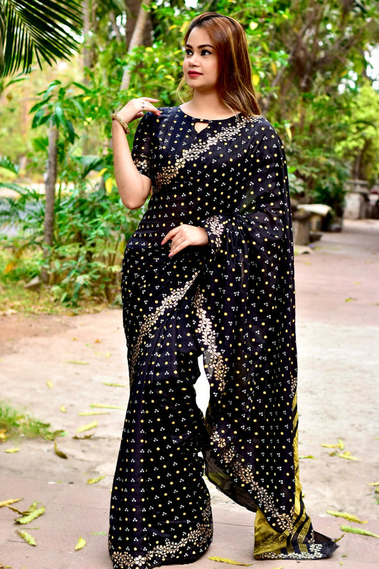 Kayatri New Gota Pati Border With Lagadi Pallu Saree With Block Print Bandhej Saree