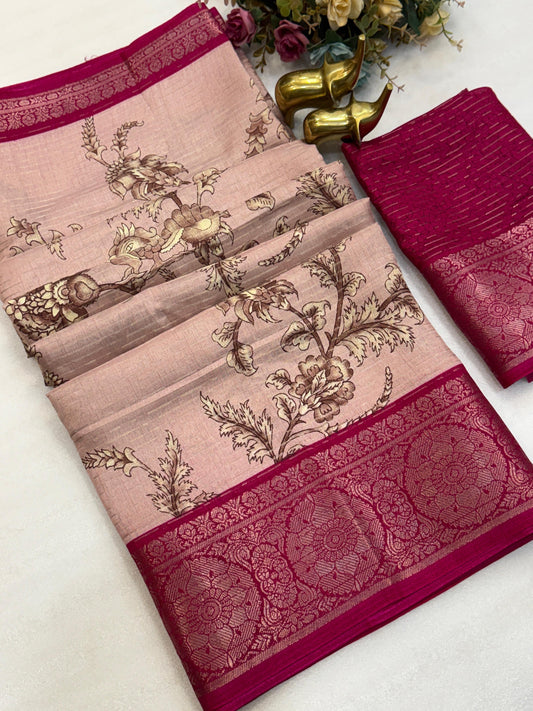 Kayatri New Beautiful Dola  silk sarees with all over weaving line Kalmkari print Saree