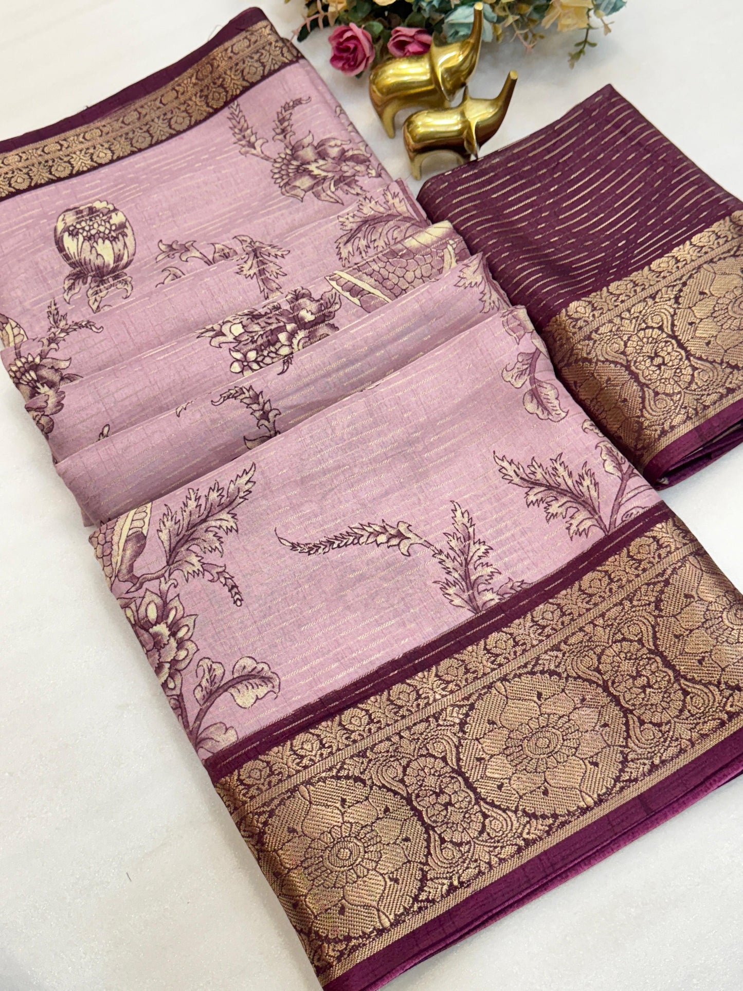 Kayatri New Beautiful Dola  silk sarees with all over weaving line Kalmkari print Saree