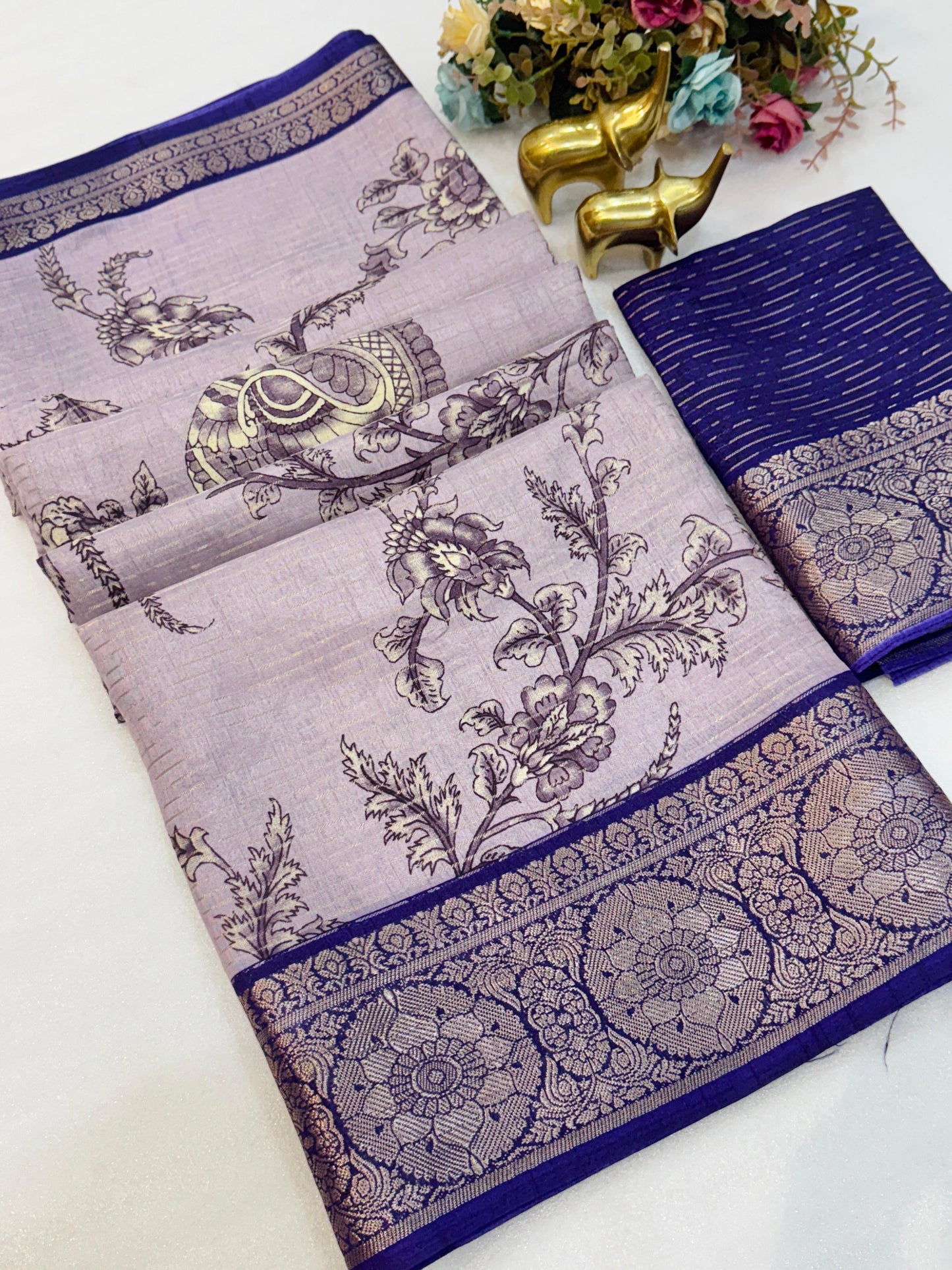 Kayatri New Beautiful Dola  silk sarees with all over weaving line Kalmkari print Saree