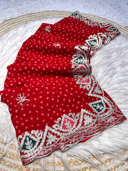 Kawyatri New Georgette bandej saree with c-pallu chain stiched gota Saree