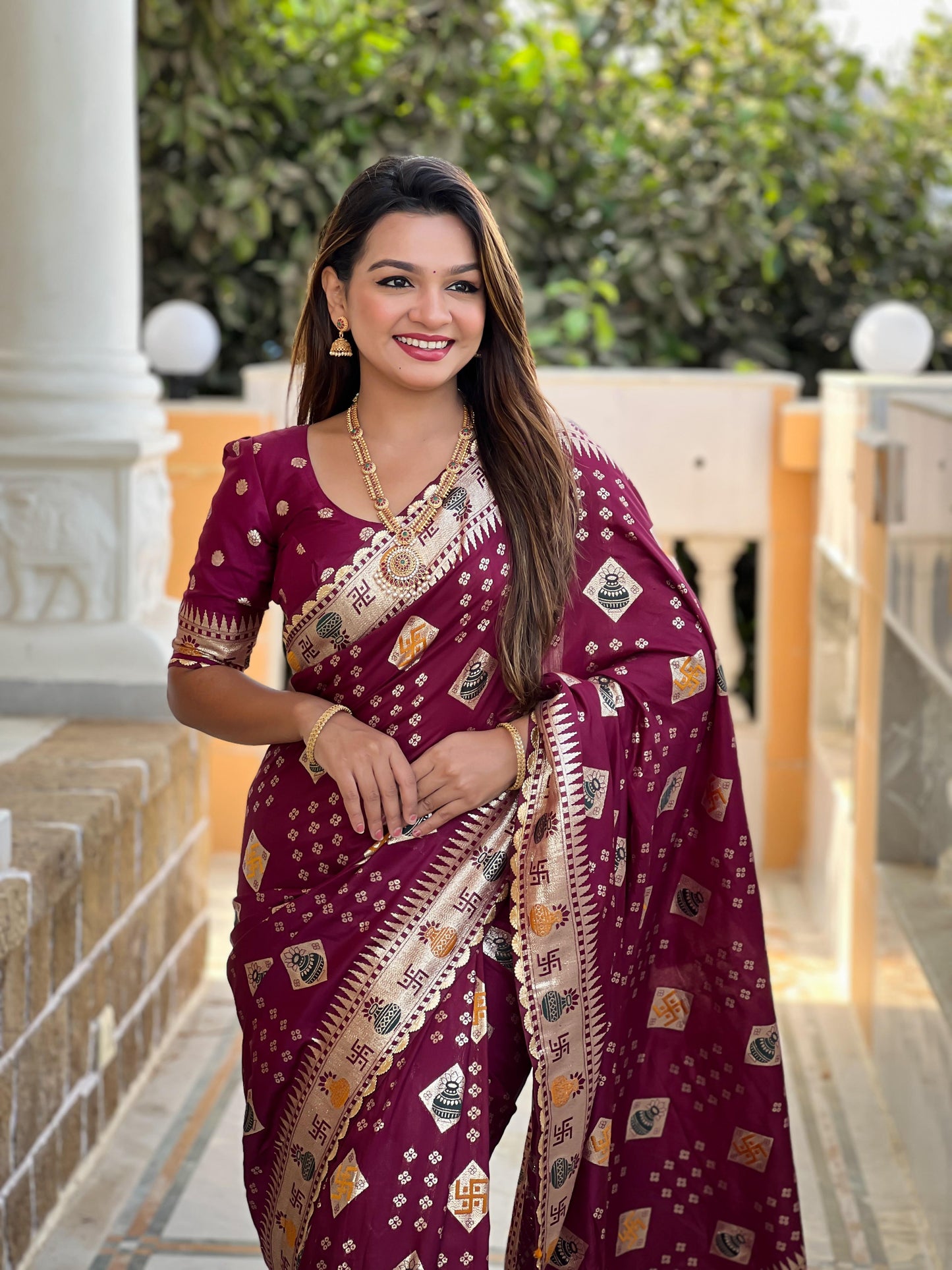Kayatri New Pure Viscous Dola Silk Swastik & Kalash Design Saree