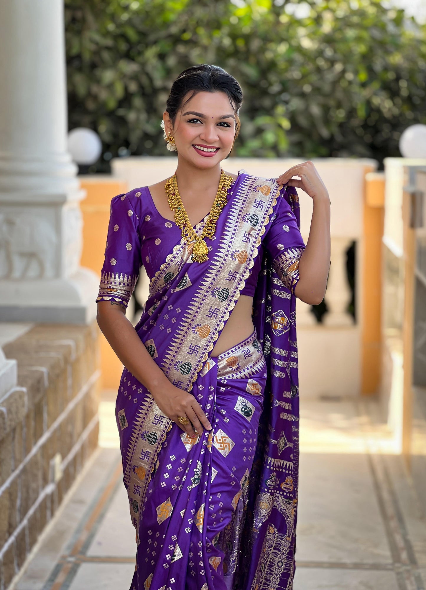 Kayatri New Pure Viscous Dola Silk Swastik & Kalash Design Saree