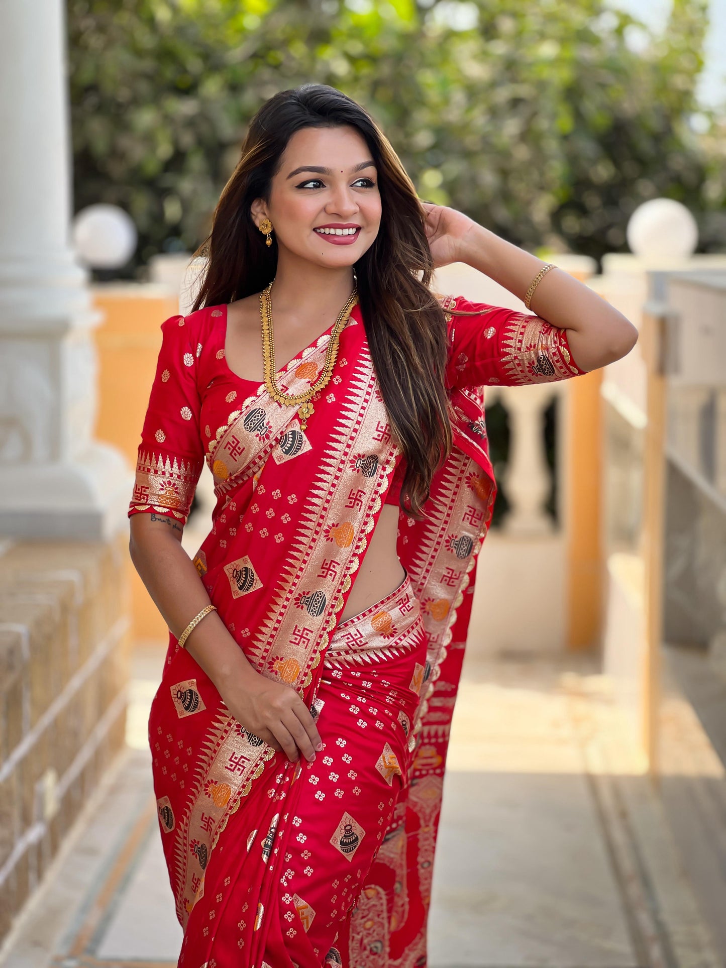Kayatri New Pure Viscous Dola Silk Swastik & Kalash Design Saree