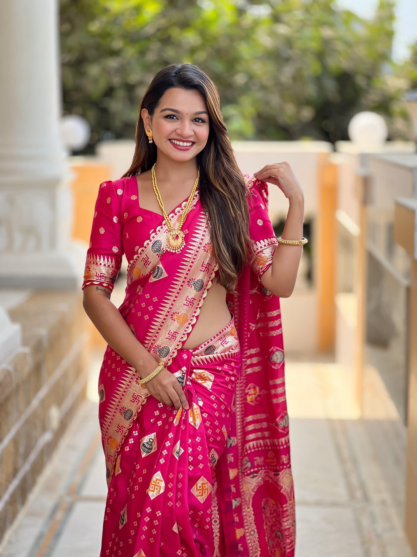 Kayatri New Pure Viscous Dola Silk Swastik & Kalash Design Saree