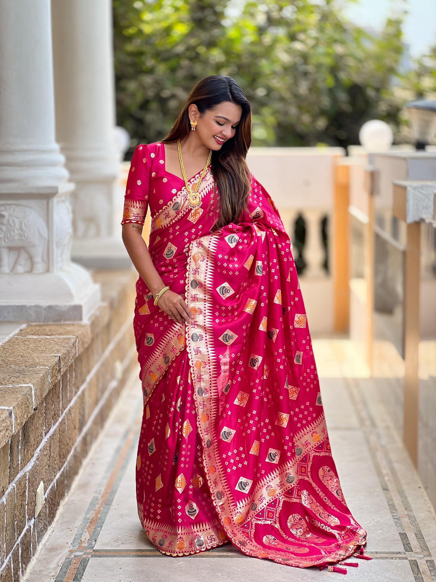 Kayatri New Pure Viscous Dola Silk Swastik & Kalash Design Saree