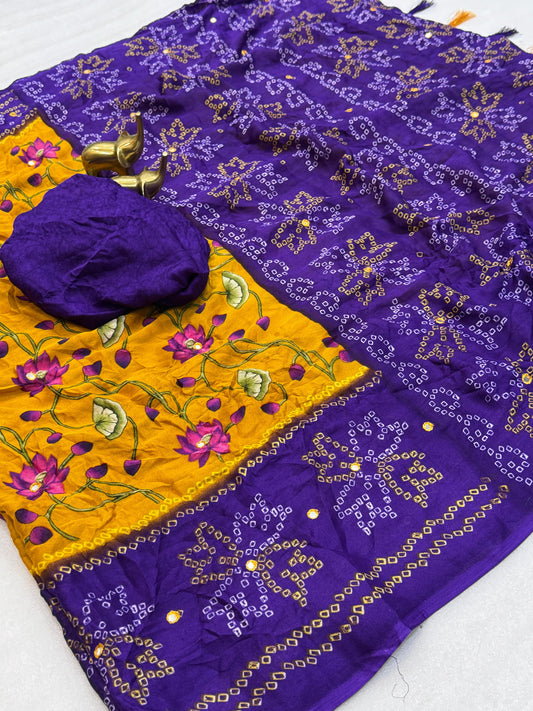 Kayatri New PURE MOSS KALMKARI WITH BANDHANI SAREE