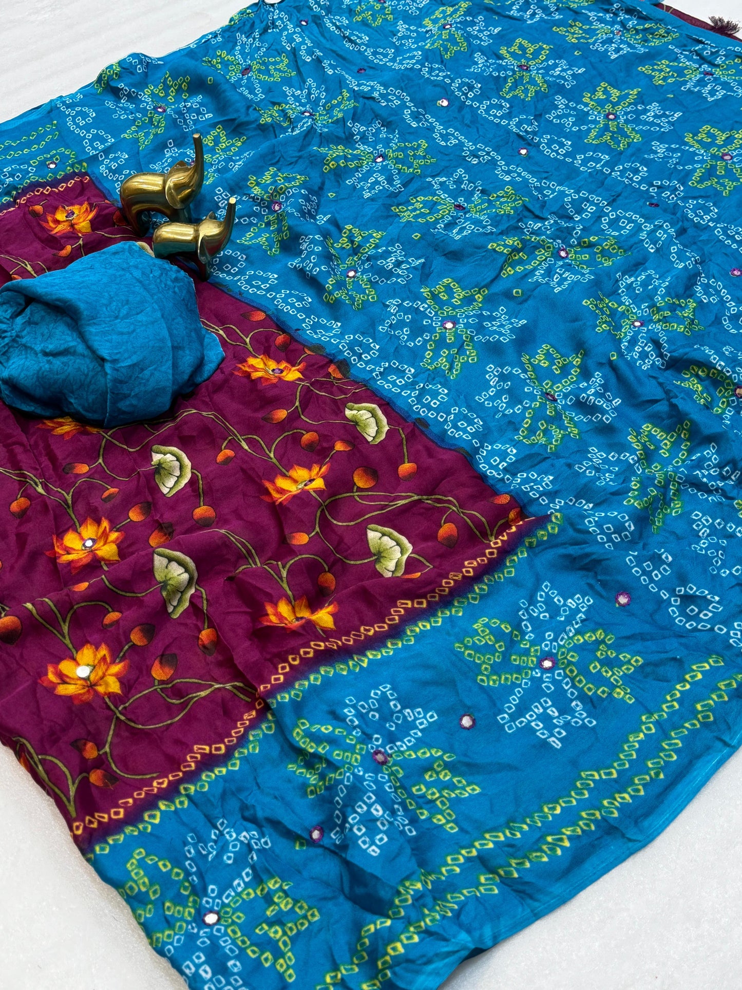 Kayatri New PURE MOSS KALMKARI WITH BANDHANI SAREE