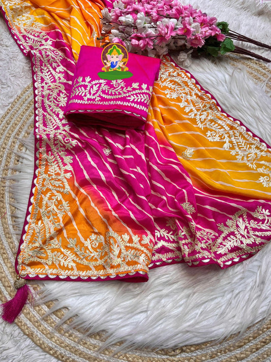 Kayatri New  beautiful soft chinon silk lehriya saree with heavy cpallu ribbon gota work nd butti in whole sare