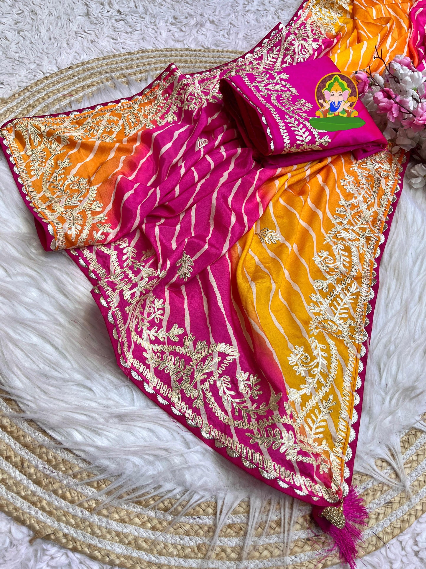 Kayatri New  beautiful soft chinon silk lehriya saree with heavy cpallu ribbon gota work nd butti in whole sare