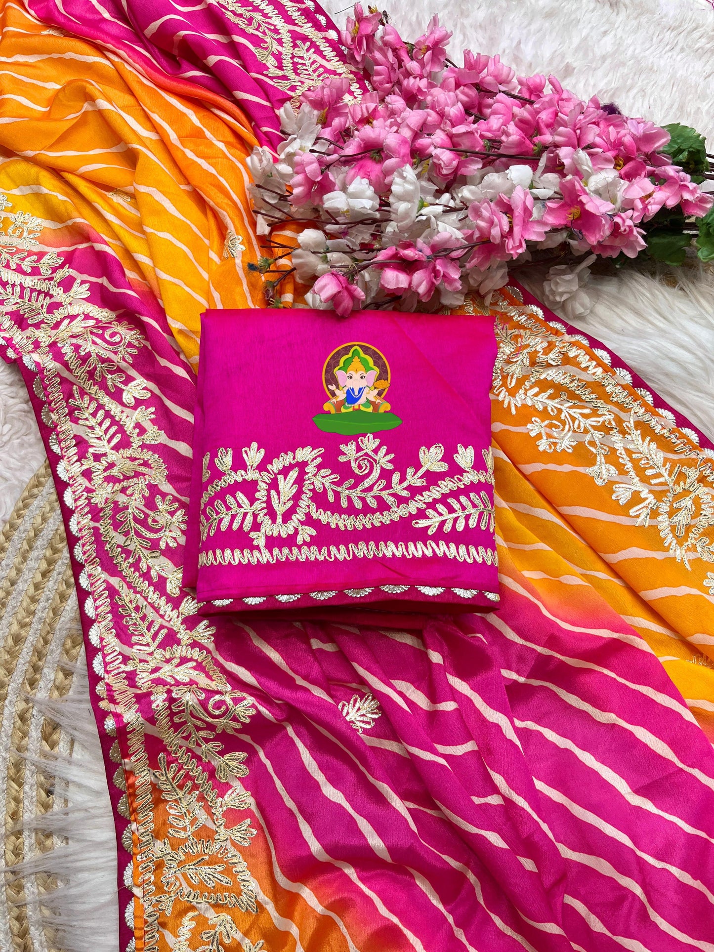Kayatri New  beautiful soft chinon silk lehriya saree with heavy cpallu ribbon gota work nd butti in whole sare