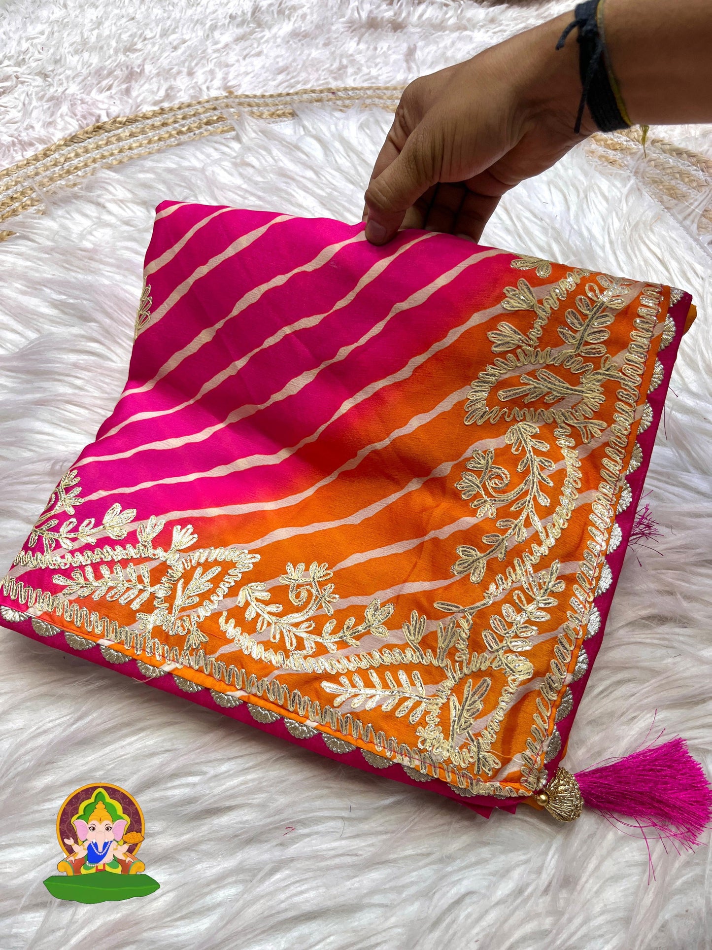 Kayatri New  beautiful soft chinon silk lehriya saree with heavy cpallu ribbon gota work nd butti in whole sare