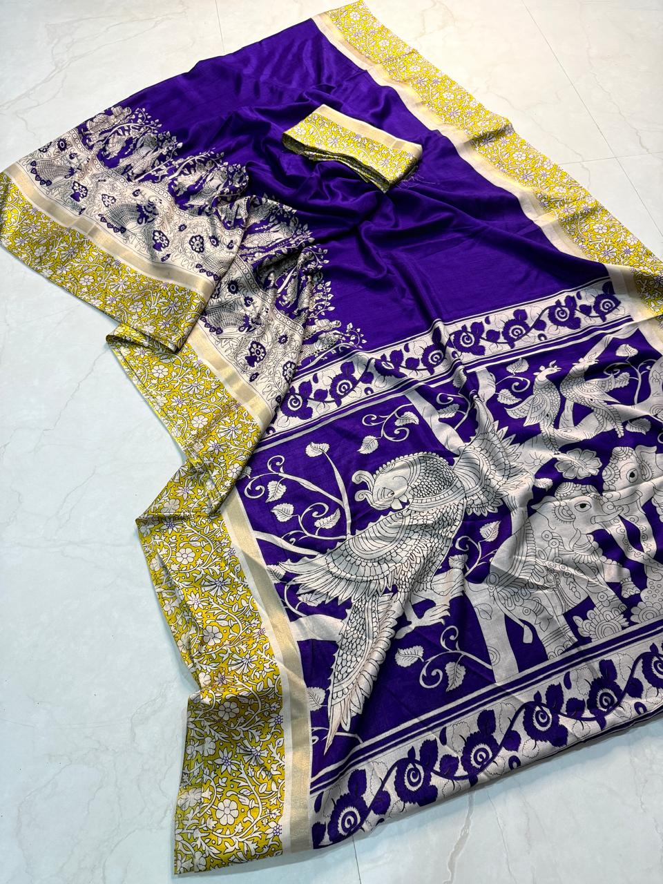 Kayatri New mul mul cotton  bandhej  flower saree with super qalamqari pallu on saree