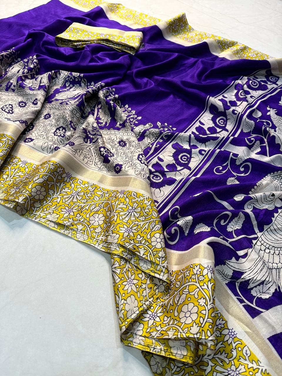Kayatri New mul mul cotton  bandhej  flower saree with super qalamqari pallu on saree