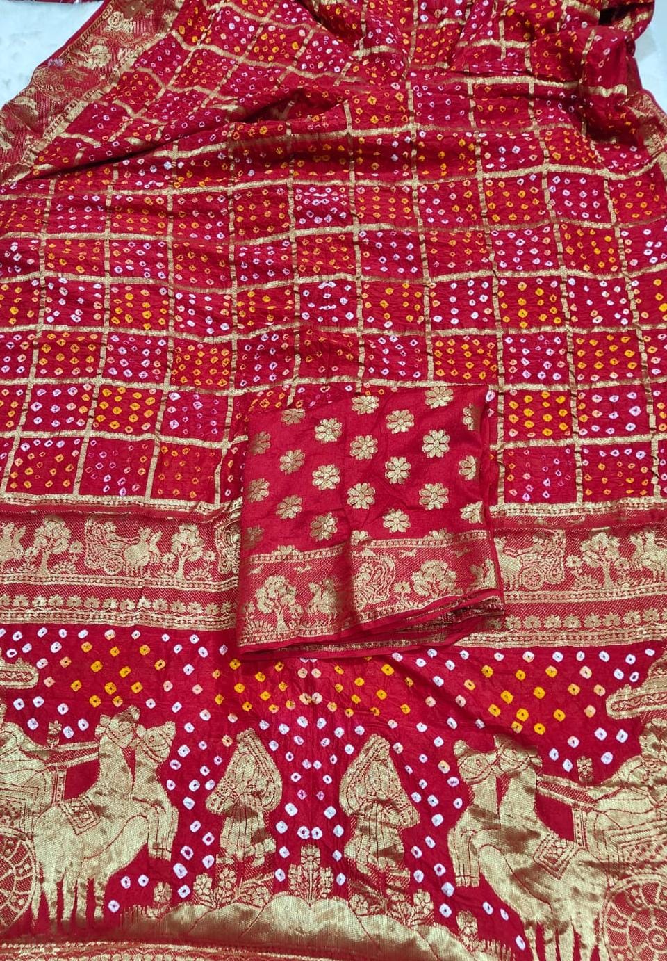 Kayatri New  moonga silk bandhej saree with barik rai bandhej with traditional zari border saree