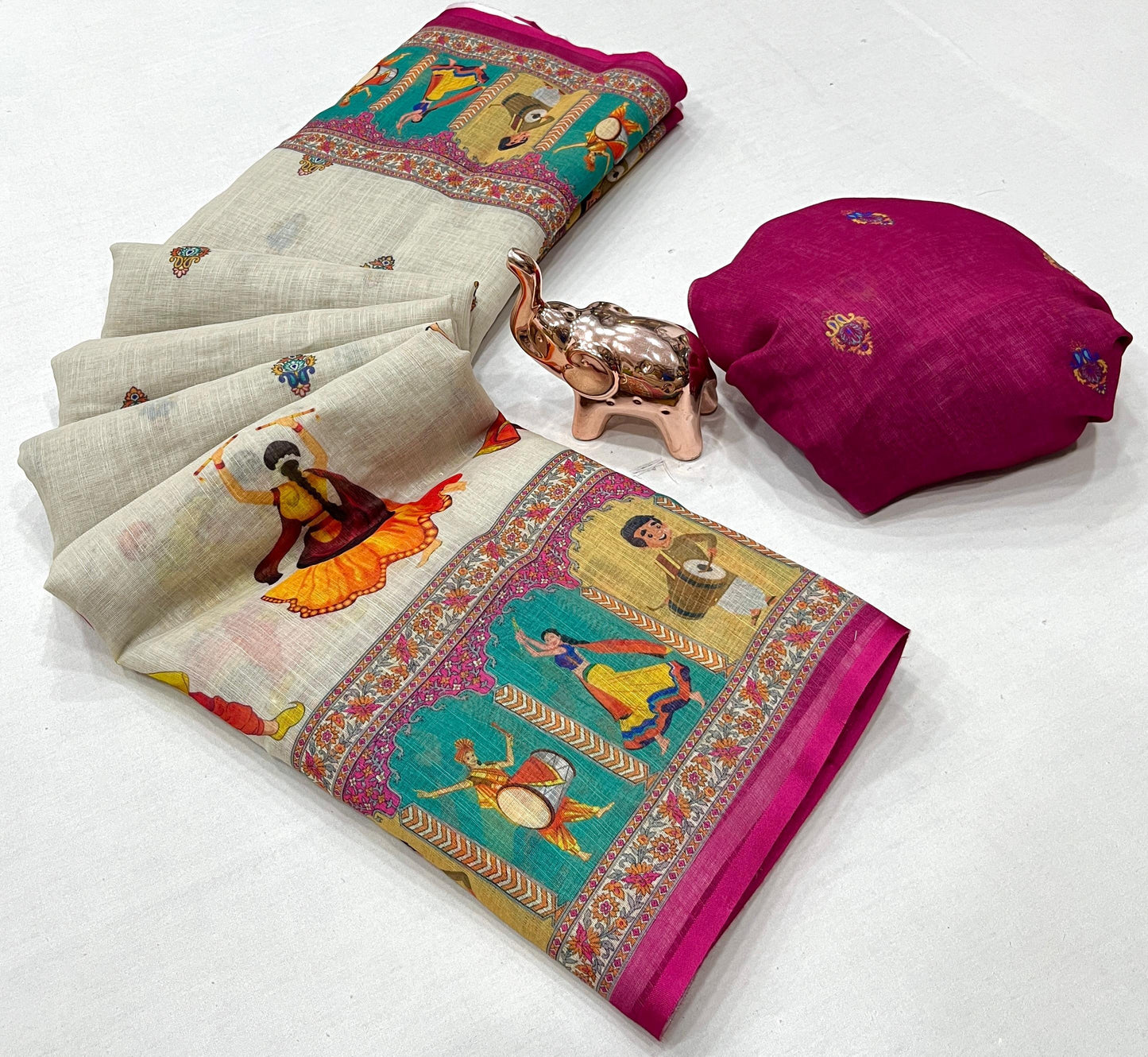 Kayatri New Soft Original Lenin fabric, very smooth and light weight, with super hit Navratri Garba design all over saree