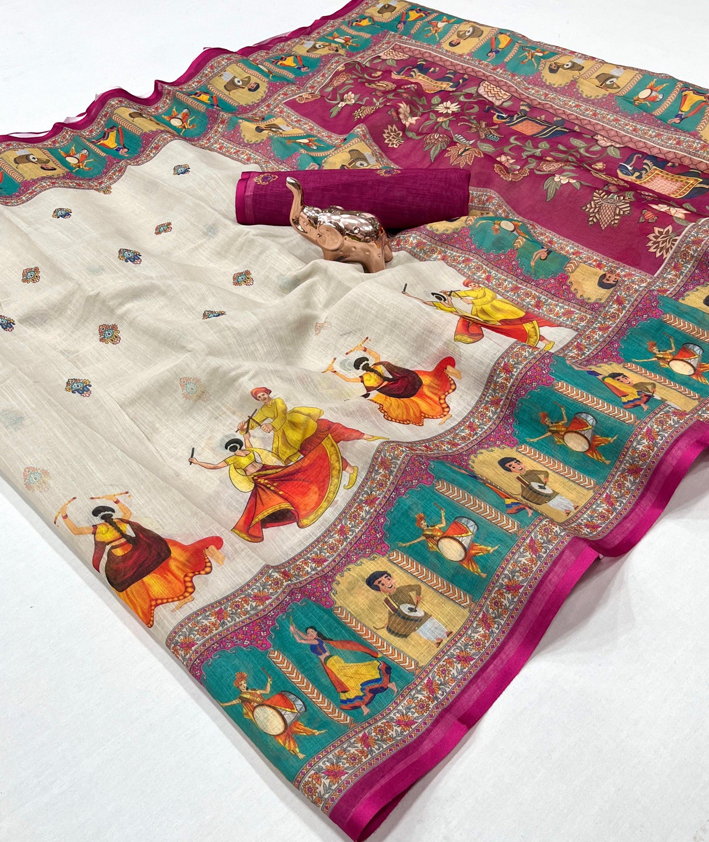 Kayatri New Soft Original Lenin fabric, very smooth and light weight, with super hit Navratri Garba design all over saree