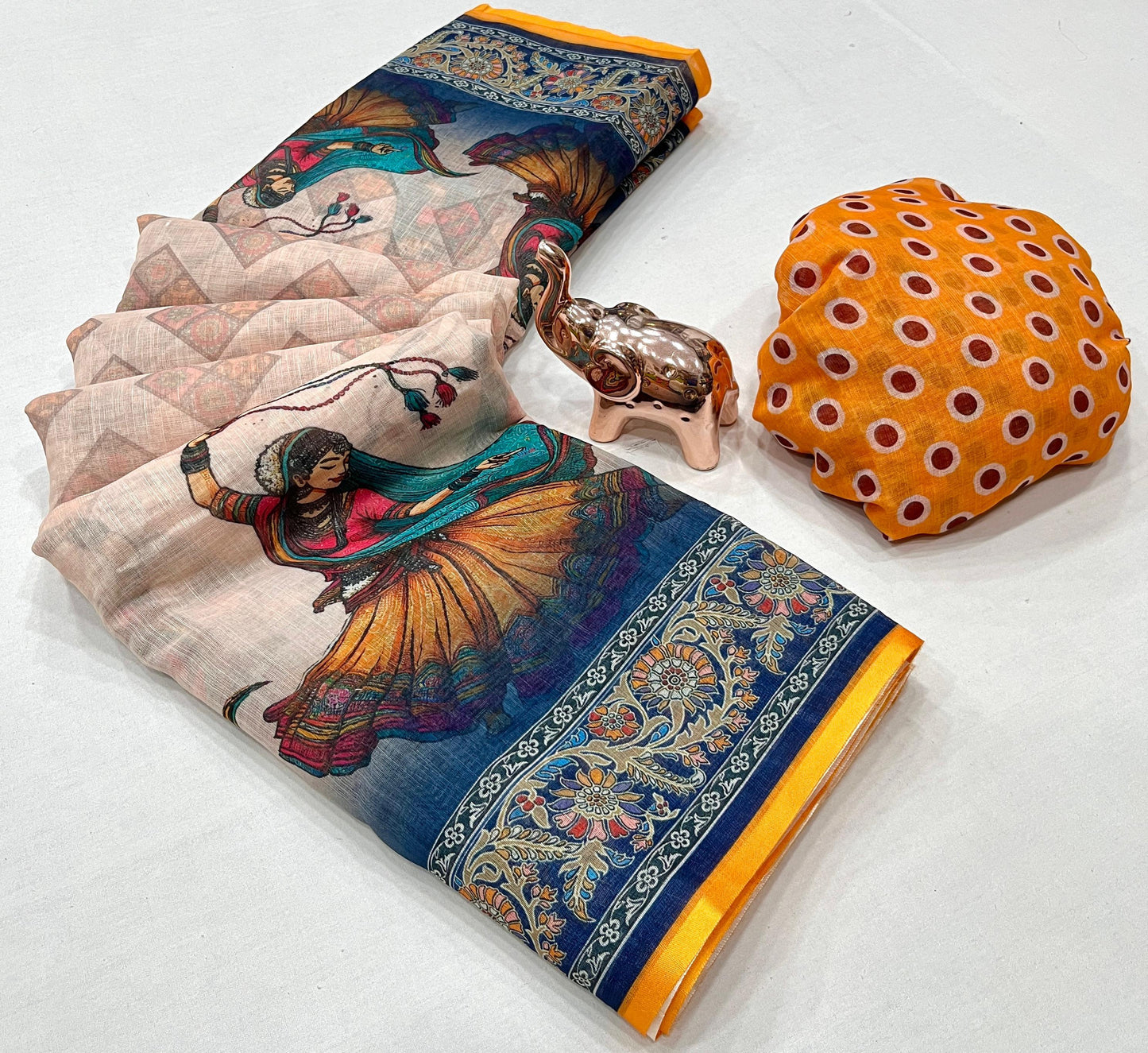 Kayatri New Soft Original Lenin fabric, very smooth and light weight, with super hit Navratri Garba design all over saree