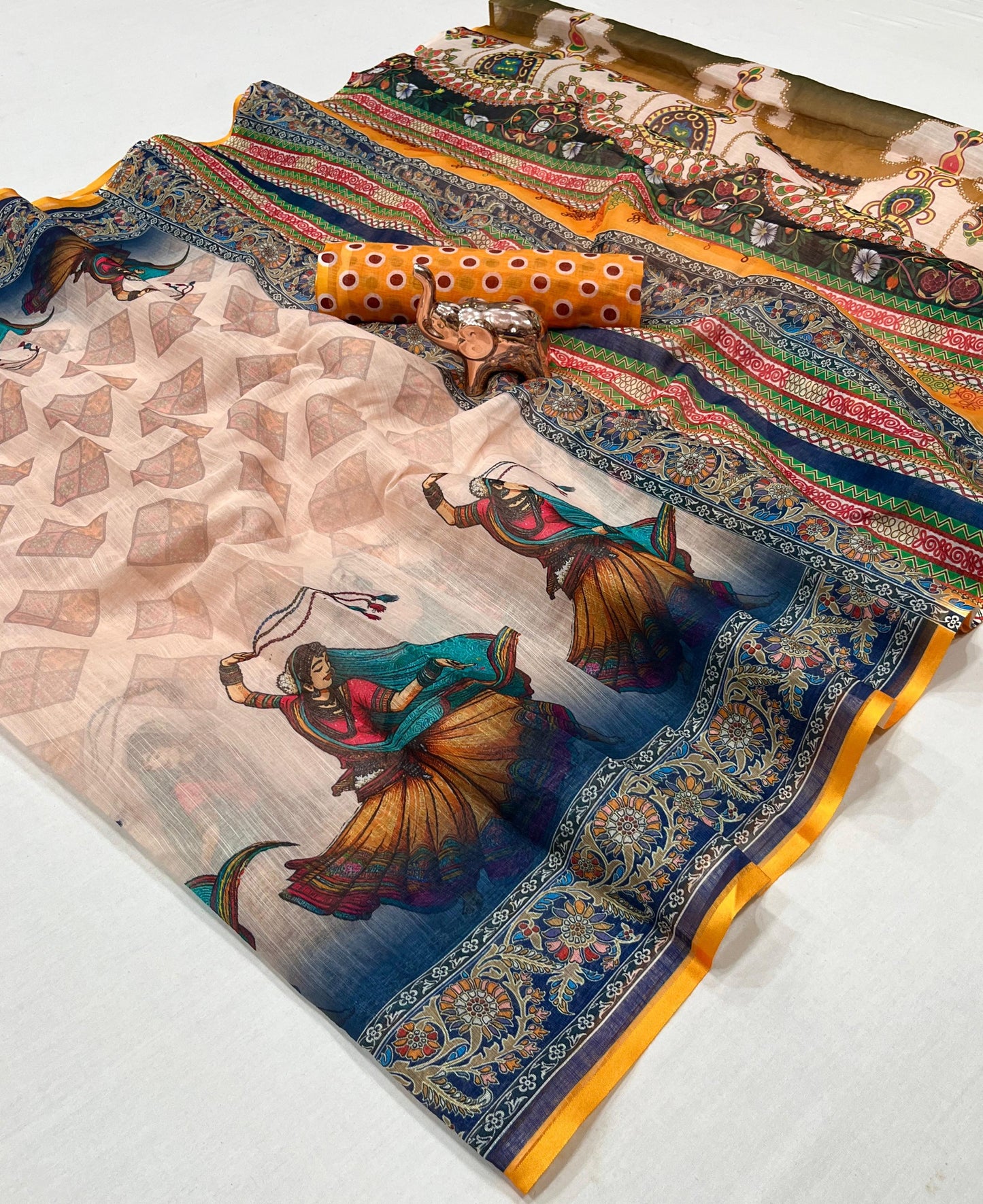 Kayatri New Soft Original Lenin fabric, very smooth and light weight, with super hit Navratri Garba design all over saree